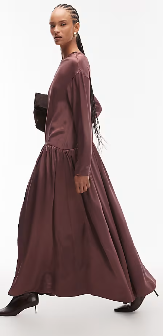 ASOS DESIGN dropped waist maxi smock dress in deep burgundy