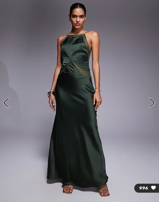 ASOS DESIGN satin chiffon mix square high neck maxi dress in dark green