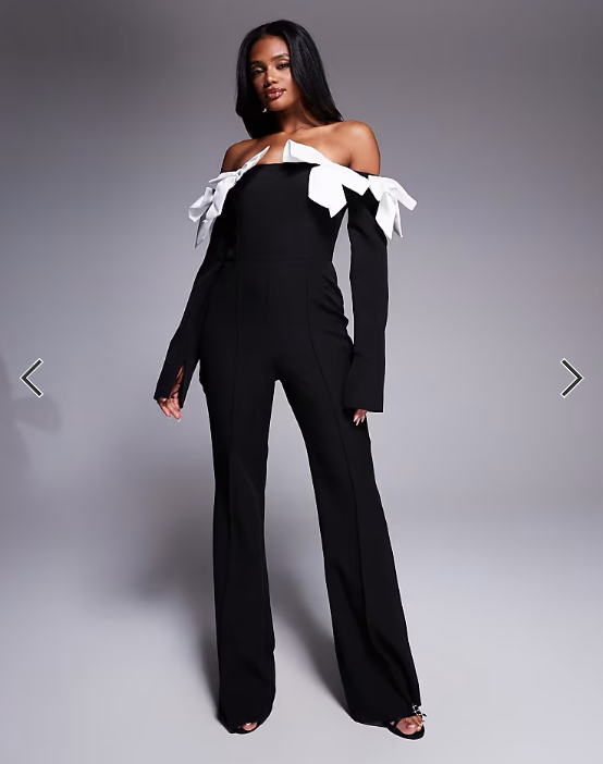 ASOS LUXE satin bow off shoulder jumpsuit in black contrast