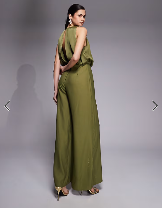 ASOS DESIGN cowl neck jumpsuit with satin bodice in olive green
