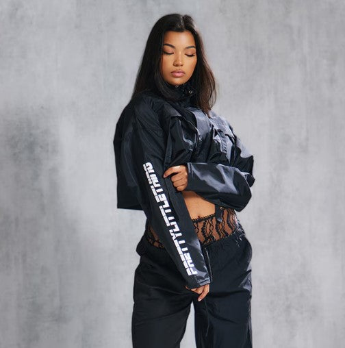 Black Slogan Boxy Cropped Windbreaker Jacket