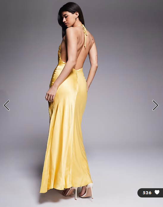 Bardot Yve satin plunge halter neck low back slit front midaxi dress in yellow