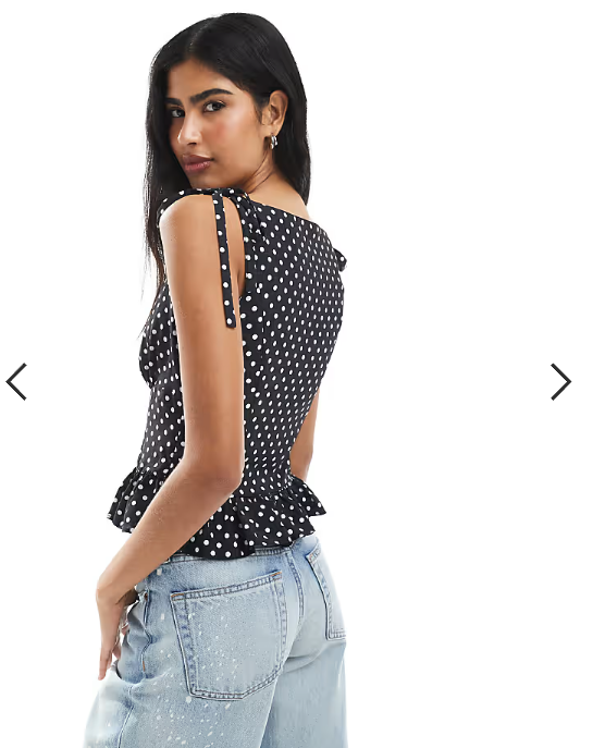 ASOS DESIGN tie shoulder cinched cami in polka dot