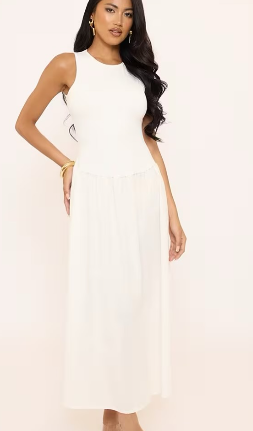 Ego - Racer Neck Smock Midi Dress in White