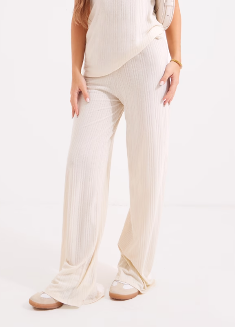 Cream Ribbed Low Rise Wide Leg Pants