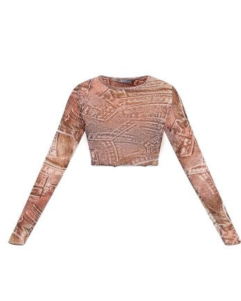 Beige Word Print Mesh Long Sleeve Crop Top