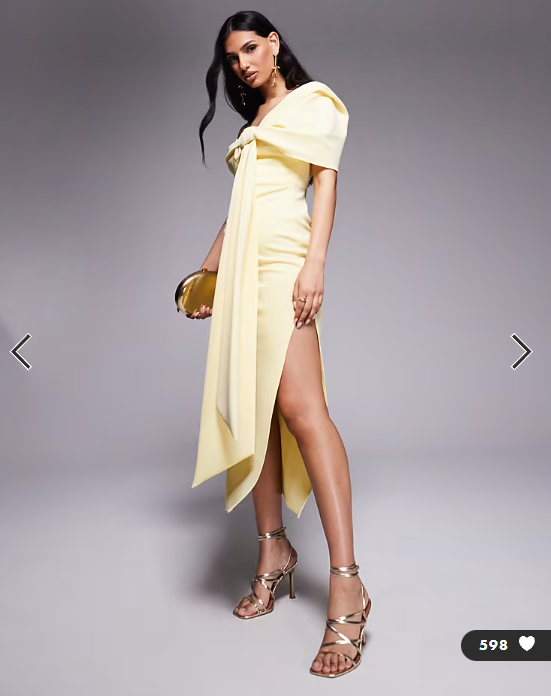 ASOS DESIGN off shoulder bow detail midi dress in yellow in scuba-style fabric