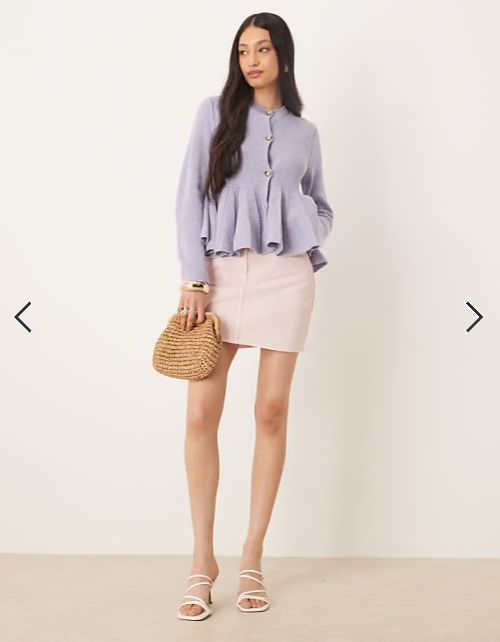 ASOS DESIGN crew neck cardigan with structured frill hem in blue