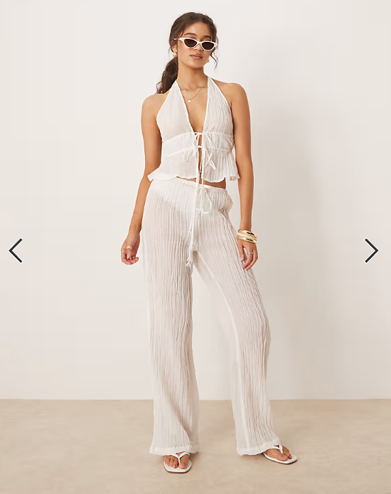 Mango ramie crinkle tie waist pants in white