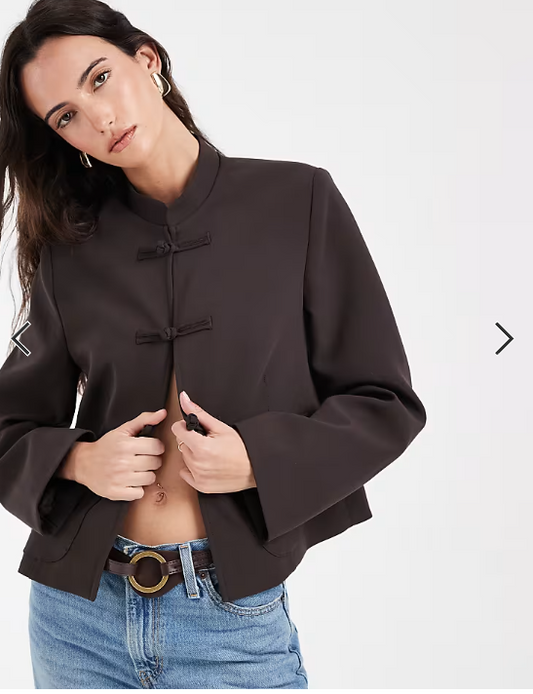 ASOS DESIGN boxy chuck on mandarin collar blazer in brown
