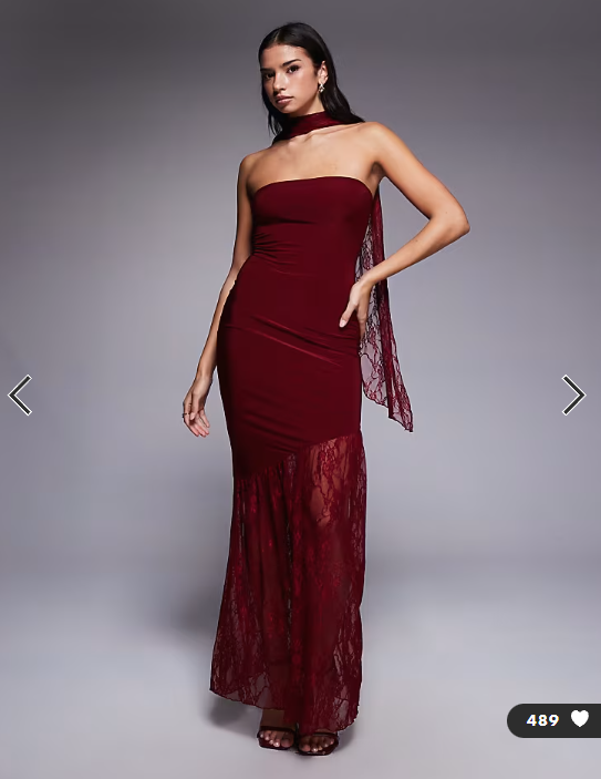 Fashionkilla exclusive double sculpted slinky bandeau sheer lace hem scarf detail maxi dress in burgundy