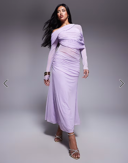 ASOS DESIGN long sleeve slouchy bardot mesh mix maxi dress in lilac
