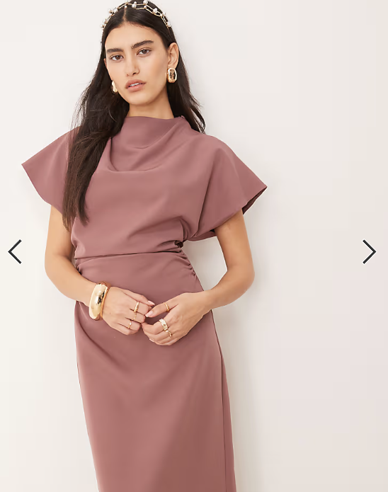 ASOS DESIGN grown on sleeve high neck midi dress with open back detail in rose taupe