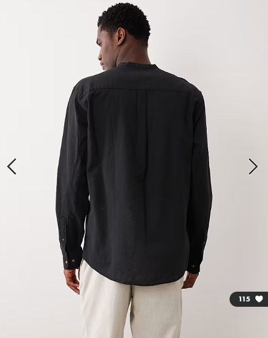 Jack & Jones grandad collar linen blend long sleeve shirt in black