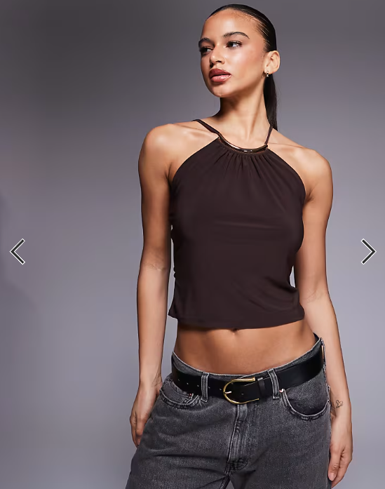 ASOS DESIGN slinky cami top with metal crescent in chocolate