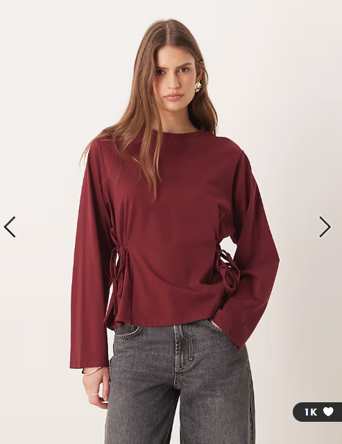 ASOS DESIGN tie waisted detail long sleeve top in dark cherry