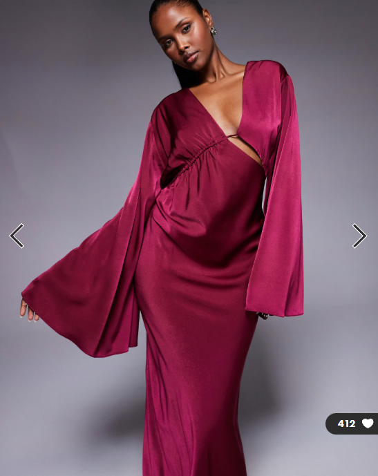 ASOS DESIGN satin asymmetric neckline long sleeve maxi dress with channel detail in berry