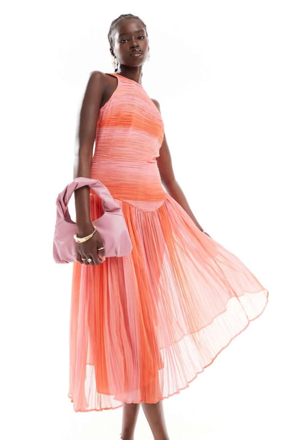 Asos - shirred bodice midi dress in pink and red stripe