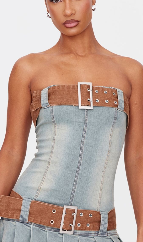 Plt - Vintage Western Belt Detail Pleated Denim Mini Dress