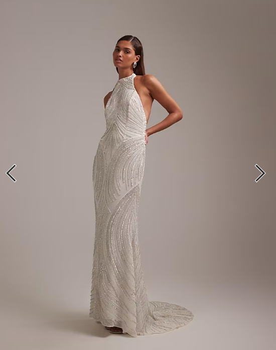 ASOS DESIGN linear beaded open back halter maxi wedding dress in white