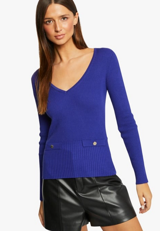 MORGAN Share MAZ - Blue Close-fit ribbed V-neck sweater