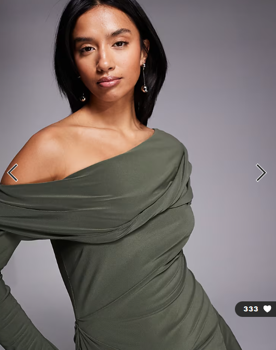 ASOS DESIGN Petite slinky long sleeve fallen shoulder with drape and ruching detail maxi dress in khaki