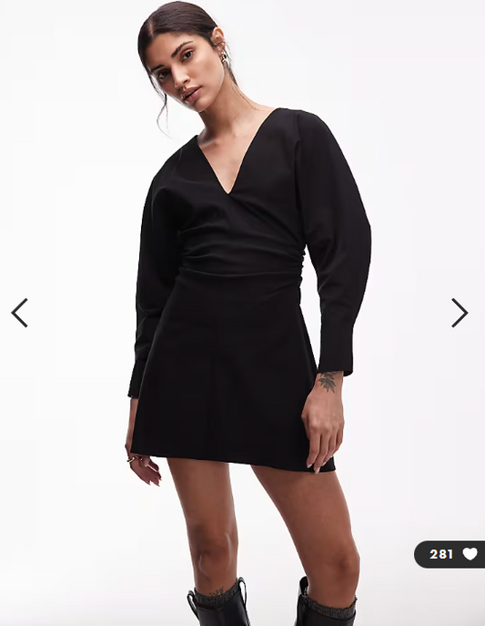 ASOS DESIGN v neck ruched bengaline mini dress in black
