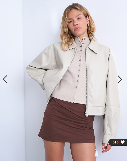 Topshop faux leather drop shoulder cropped zip thru jacket in ecru