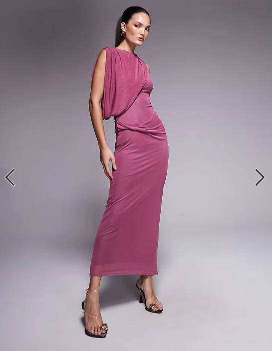 ASOS DESIGN mesh draped one shoulder midi dress in dark cherry