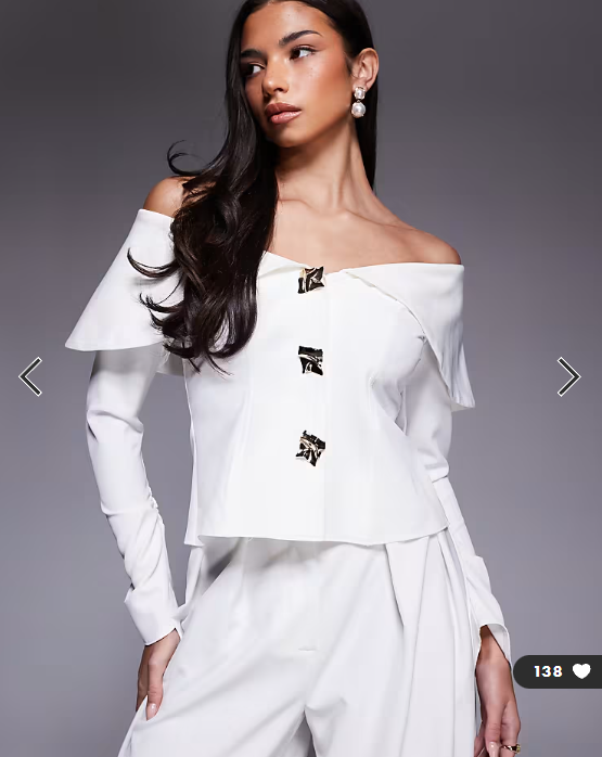 ASOS LUXE off shoulder blazer with gold hardware co-ord in ivory
