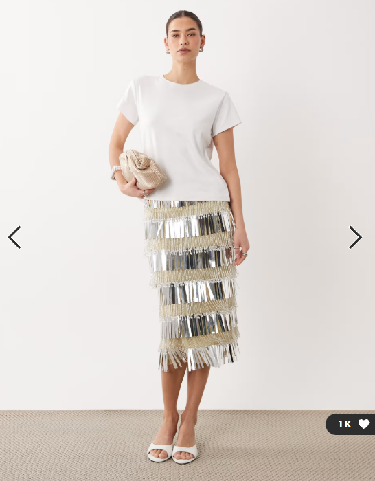 ASOS DESIGN fringe embellished midi skirt in silver