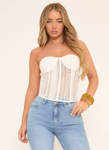 Bandeau Boned Corset Top In White Crochet