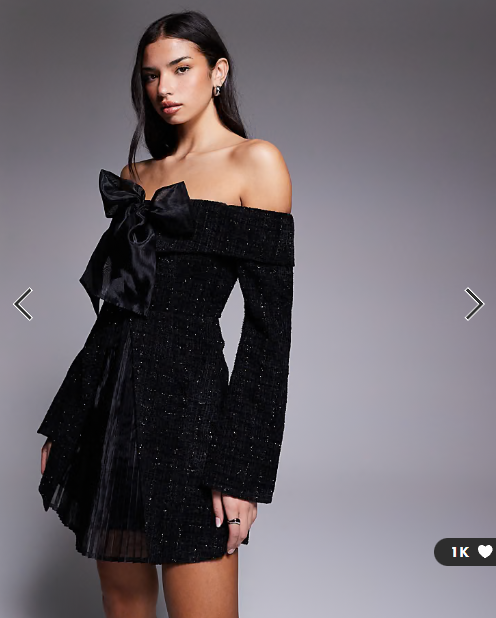 ASOS LUXE boucle bardot mini dress with pleated skirt and bow in black