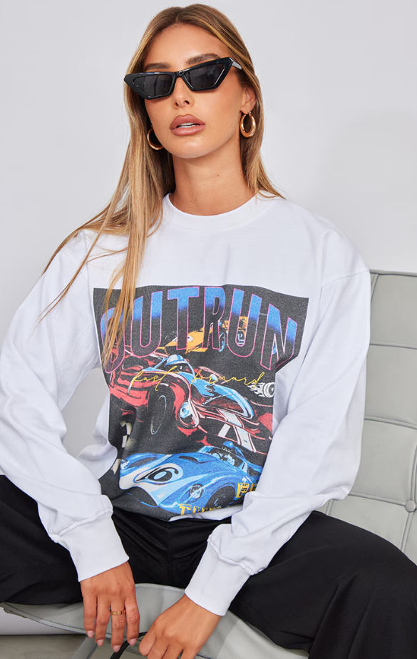 White Outrun Printed Oversized Sweatshirt