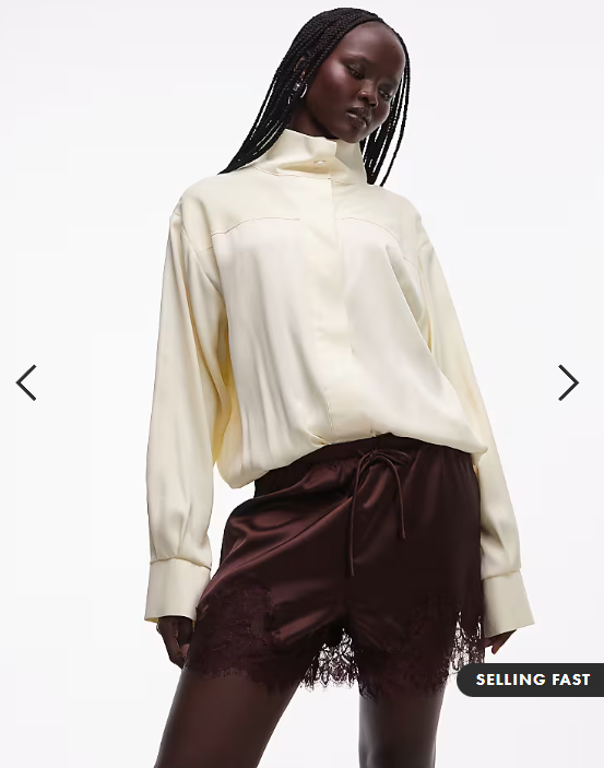 ASOS DESIGN satin lace trim drawstring waist short in brown