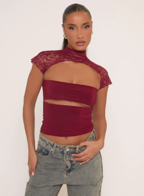 Lace Insert Slinky High Neck Short Sleeve Cut Out Top In Burgundy