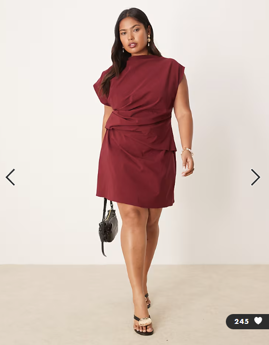 ASOS DESIGN Curve high neck pleated bengaline mini dress in Burgundy