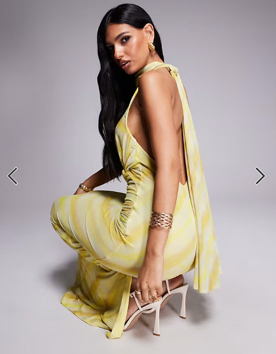 ASOS DESIGN mesh twist bust detail halter maxi dress with tie back neck in blurred stripe print