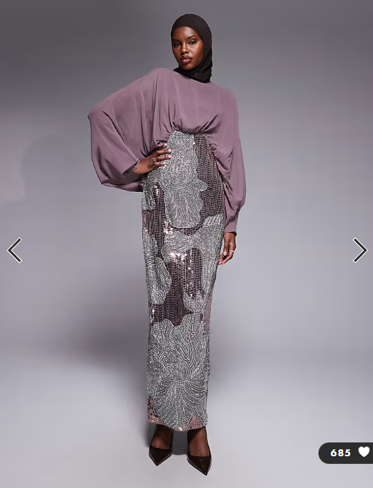 ASOS DESIGN blouson bodice batwing maxi dress with floral embellished skirt in mauve
