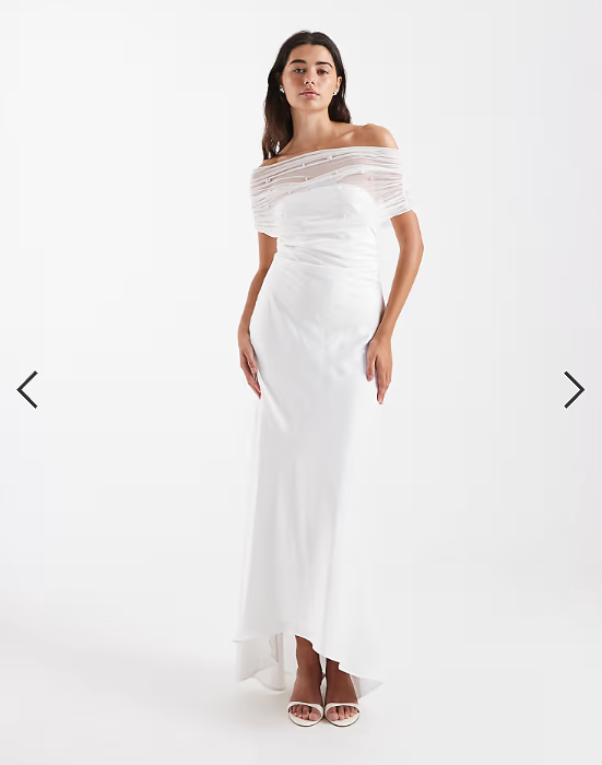 Six Stories Bridal off the shoulder embellished asymmetric hem midi dress in white