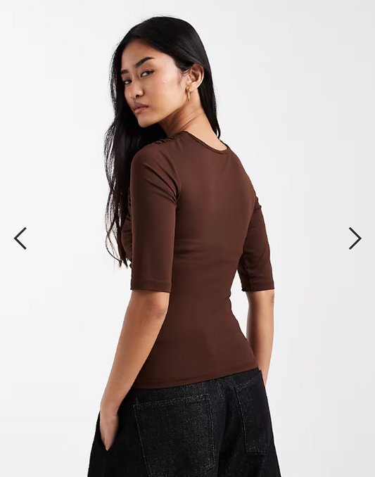 ASOS DESIGN short sleeve with wrap detail and ruching top in brown