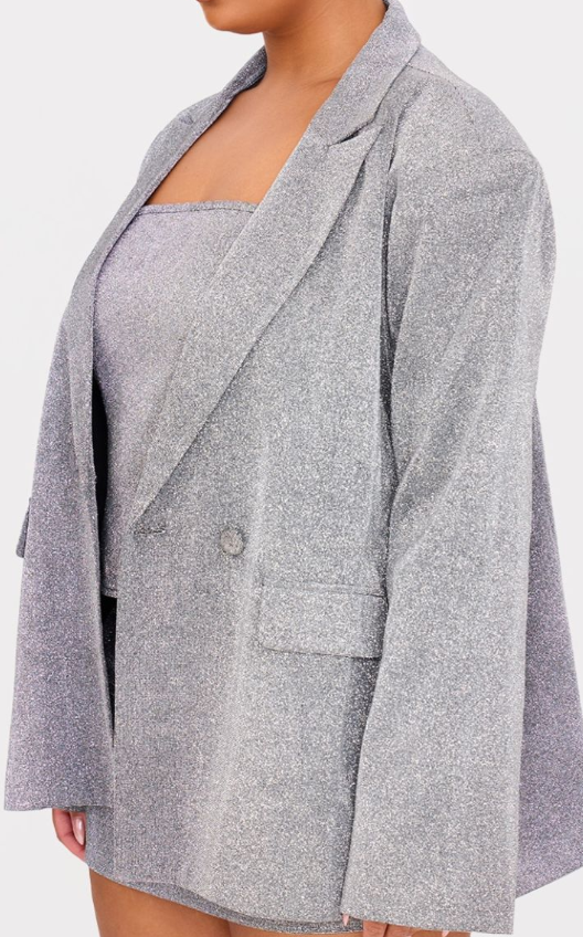 Plt - Plus Silver Glitter Oversized Curved Hem Boxy Blazer