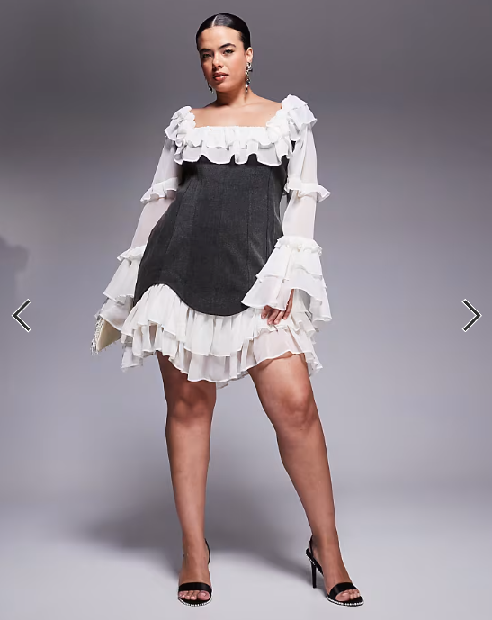 ASOS LUXE Curve denim corset mini dress with chiffon sleeves and hem in black