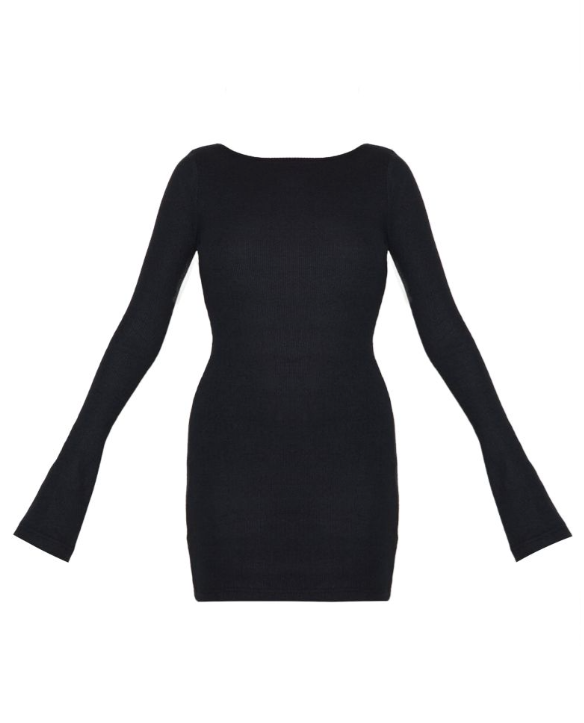 Plt - Black Heavy Brushed Rib Flared Sleeve Shift Dress