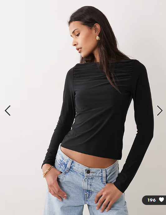 ASOS DESIGN slinky long sleeve top with ruched boat neck in black