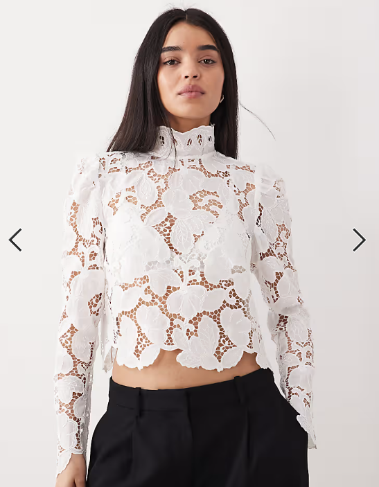 Mango high neck long sleeve delicate lace blouse in white