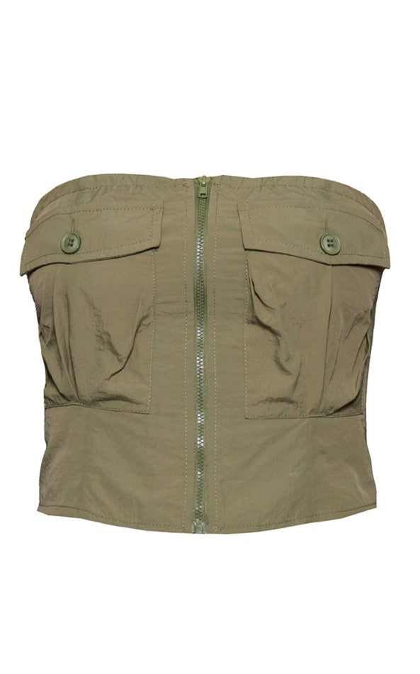 Khaki Shell Zip Up Pocket Front Bandeau Corset