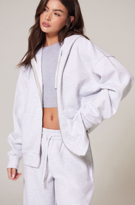 Plt - Ash Grey Premium Embroidered Zip Front Oversized Hoodie