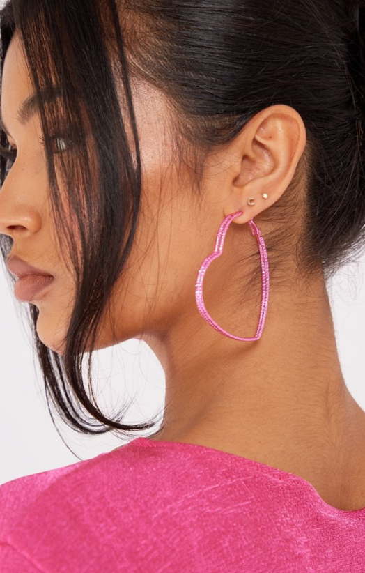 Pink Chrome Textured Heart Outline Statement Earrings
