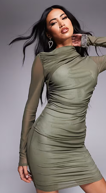 ASOS DESIGN long sleeve ruched mesh mini dress with contrast lining in khaki
